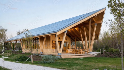 Contemporary timber pavilion with large overhang and terrace