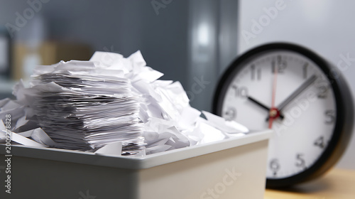 Close-up of a stacked pile of white paper sheets and shredded documents in a tray, with a blurred office clock in the background, showing time management pressure and workload