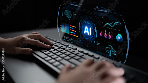 Картината върху платно Futuristic AI analytics display realtime dashboards, forecasting and cloud monitoring, helping enterprises optimize performance, security risk and operational decisions with data insights