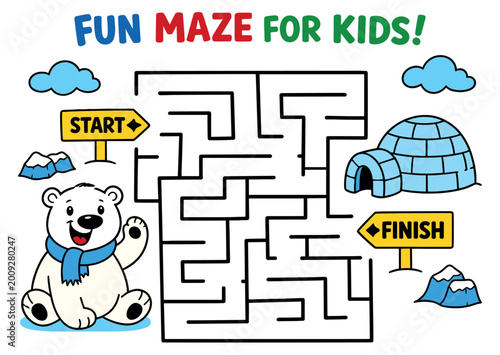 Fun Winter Maze Puzzle for Kids with Polar Bear and Igloo
