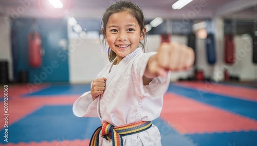 A happy young child practices martial arts, wearing a white uniform and a colorful belt, punching forward with determination and a bright smile