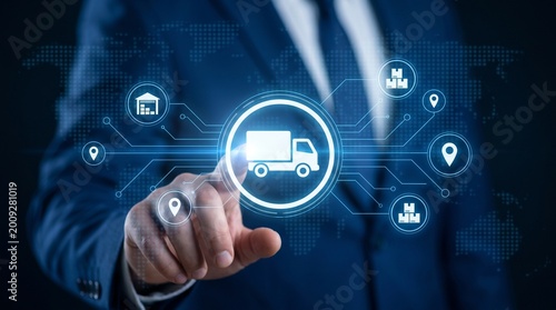 Businessman touching a digital interface with logistics and supply chain