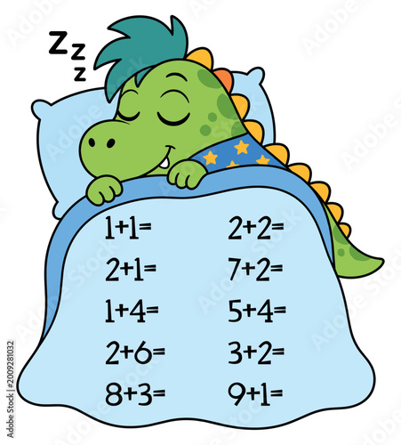 Sleeping Dinosaur Addition Math Worksheet for Kids