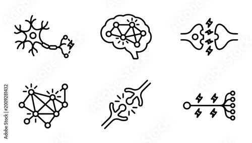 Photos Neuron and Brain Network Icons, Synapse Connection Vector Set, Neural Pathways