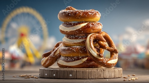 Tall Stack of Traditional Soft Pretzels on a Wooden Board