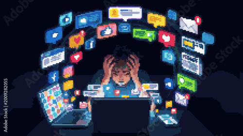 Photos Pixel art of a stressed person overwhelmed by social media notifications and dig