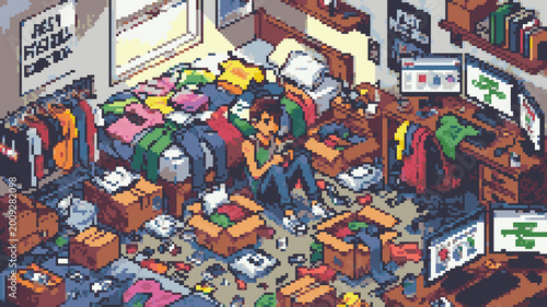 Fotografie Pixel art of a young person sitting in a messy room full of clothes, boxes, and