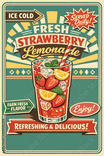 Fotografía Retro Strawberry Lemonade Roadside Café Sign Vector Illustration with Vintage Am