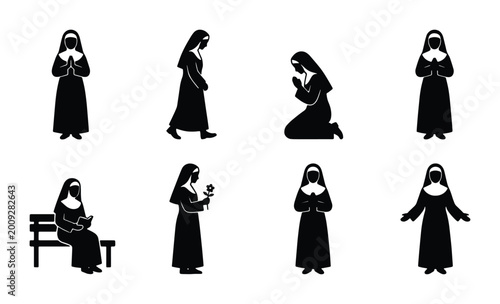 Bild auf Leinwand Nun Silhouettes Collection: Praying, Walking, Sitting, Holding Rose, Religious F
