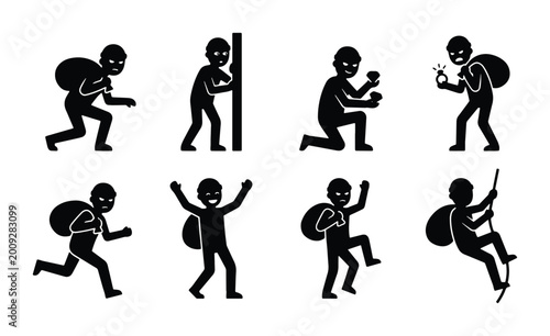 Fotografía Criminal Icon Set: Thief, Burglar, Robber, Sneaking, Climbing, Running, Posing,