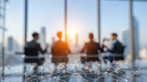 Strategic Synergy: A blurred image of a group of business people, silhouetted against a cityscape, engaged in a focused business meeting, symbolizing collaboration and strategic planning.