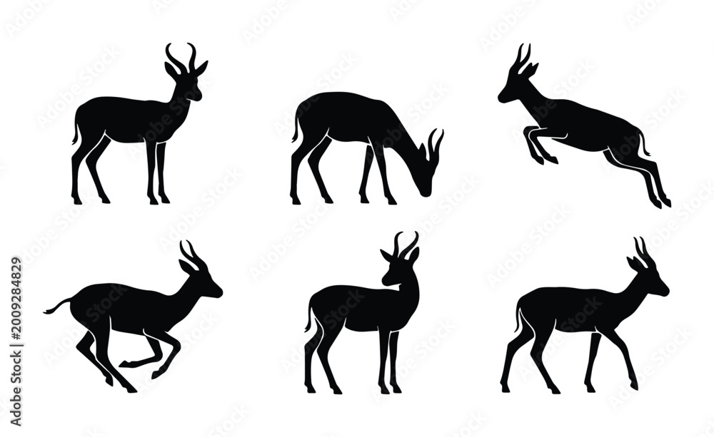 Fototapeta premium Deer in various poses as black and white vector icons on a transparent background