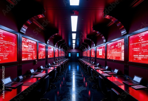 Futuristic Command Center with Red LED Displays in Symmetrical Layout