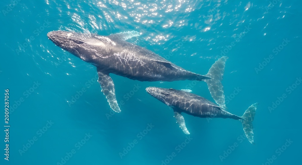 Fototapeta premium A majestic humpback whale mother and calf swimming in clear blue ocean water. Perfect for World Ocean Day, marine habitat conservation, and underwater wildlife photography themes and projects