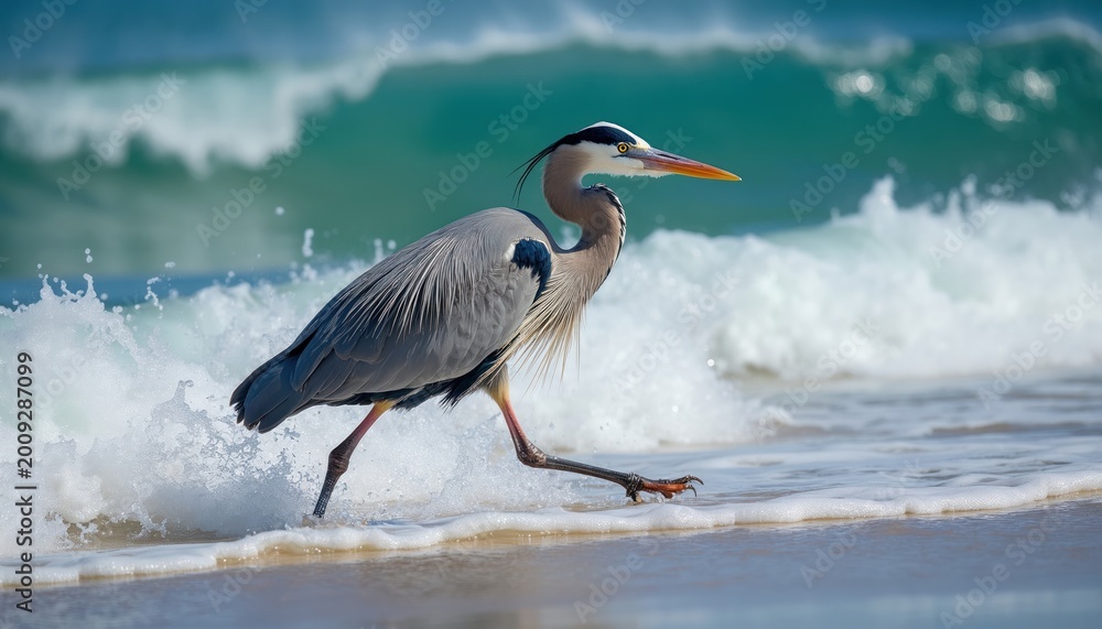 Naklejka premium Great blue heron wades in ocean surf near sandy beach. Large bird with long legs walks through crashing waves under bright daylight. Coastal wildlife seeks food in turquoise water.