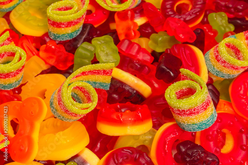 Assorted colorful gummy candies. Top view. Jelly donuts.