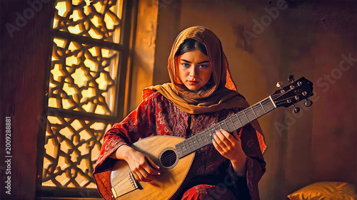 Young woman playing lute near patterned window for cultural expression concept and artistic tradition