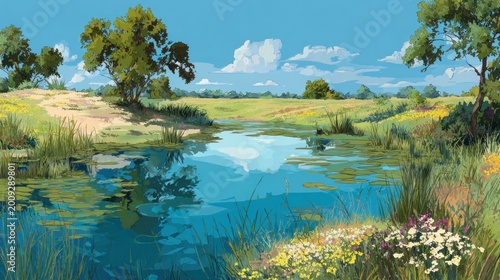 Tranquil landscape painting river trees green meadow under blue sky