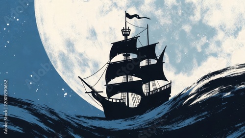 Sailing galleon silhouette crossing waves under full moon