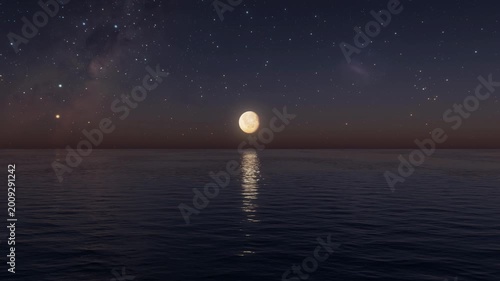 Seamless loop animation of a radiant full moon reflecting over calm ocean waves under a starry night sky.