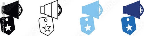 Konstfotografi Set of four icons representing promotions and marketing, featuring a megaphone a