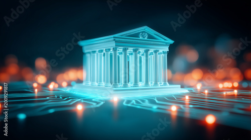 A digital institutional building on a connected circuit platform, symbolizing fintech, banking security and modern financial systems.
