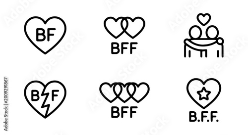 Bilde på lerret Vector best friend icons, heart symbols, BFF friendship signs, line art graphics