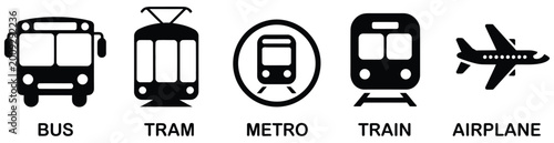Transport icons featuring car, bus, tram, train, metro, plane, and ship with station signage for mobility design projects.