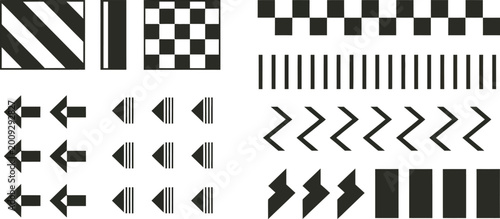 Vector illustration featuring a 3d set of black and white geometric shapes and checkered patterns on a chessboard background with a square tile texture for a race flag or game competition design