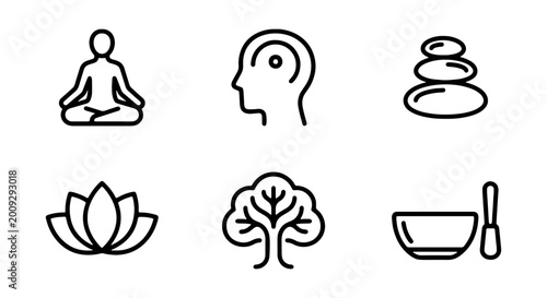 Mindfulness icons, meditation symbols, yoga signs, wellness graphics, 6 pcs
