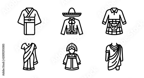 Schilderij op canvas Traditional clothing icons, cultural dress symbols, ethnic wear illustrations, f
