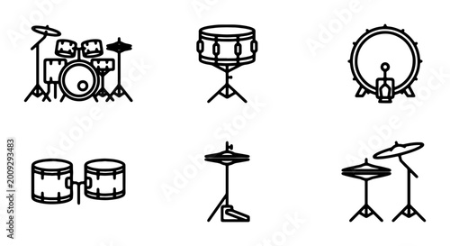 Slika na platnu Drum Set Icons, Percussion Instruments, Music Equipment, Vector Graphics