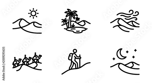 Canvas-taulu Desert Landscape Icons, Oasis Scene, Camel Caravan, Sun, Moon, Wind