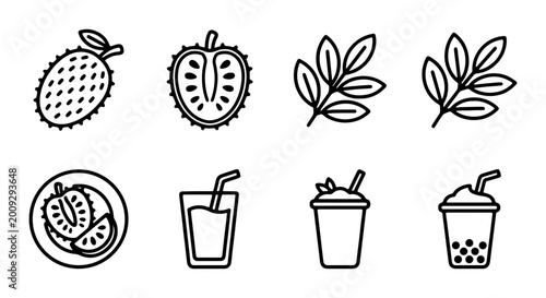 Bild auf Leinwand Soursop Fruit Icons, Tropical Drink Vector Graphics, Healthy Food Line Art