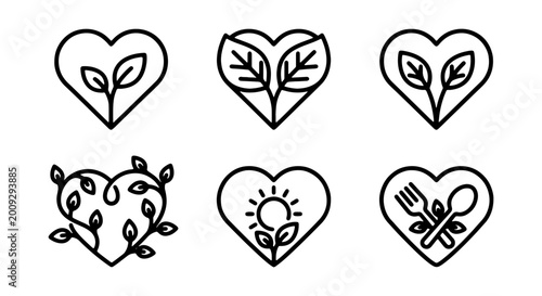 Eco heart icons set, 6 organic leaf line art symbols, vegan food and nature vector