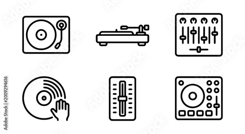 Fotografía DJ equipment, music icons, audio mixer, turntable, soundboard
