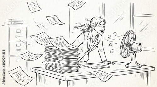 Woman cooling by fan at desk. Finding relief in a hot office. Relief.