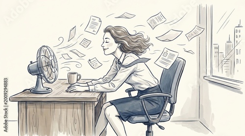 Woman sitting at desk with fan. Office break time brings cool relief. Chill calm after hard work.