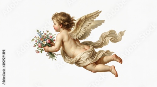 Flying cherub cupid holding a bouquet of spring flowers, classical art style illustration, isolated on white background for romantic holiday greeting cards and decorations
