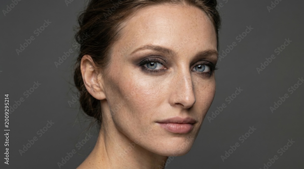 Naklejka premium Portrait of a woman with smoky eyes. Inner strength meets grace. 70 characters.