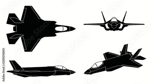 Foto F-35 Lightning II Stealth Fighter Jet Black Silhouette Set 4 Angle Views Top Sid