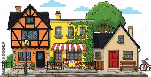 Charming street cafe with cozy houses, outdoor seating, flowers, and detailed European style architecture cartoon vector illustration scene