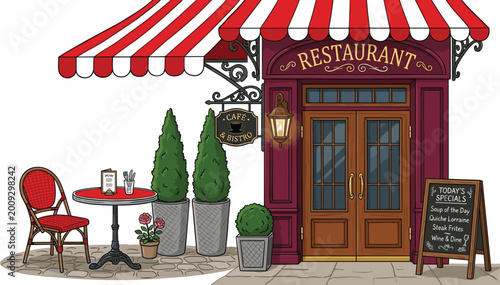 Charming restaurant exterior with outdoor cafe seating, striped awning, menu board, and classic European street style vector illustration