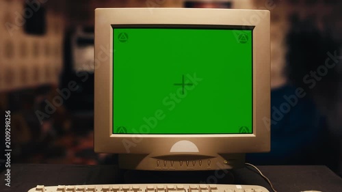 Retro pc computer gaming, Desktop vintage with loading code console, programmer making scripts, green basic screen, Old computer studio close-up, retro wave display, late 90s PC.