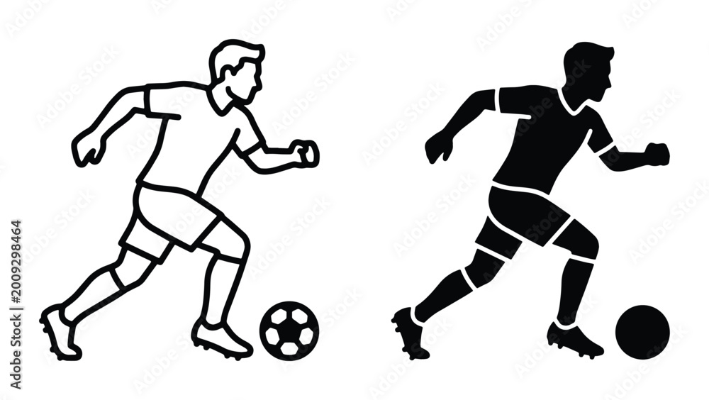 Fototapeta premium Soccer Player Icon Set, Dynamic Football Athlete Silhouette and Outline Vector Graphics, Sport and Game Elements for Athletic Design