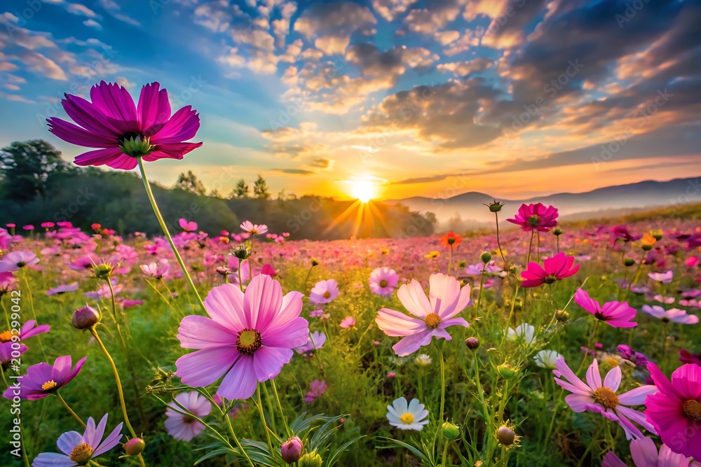 Obraz premium Vibrant pink and purple cosmos flowers in a field at sunset