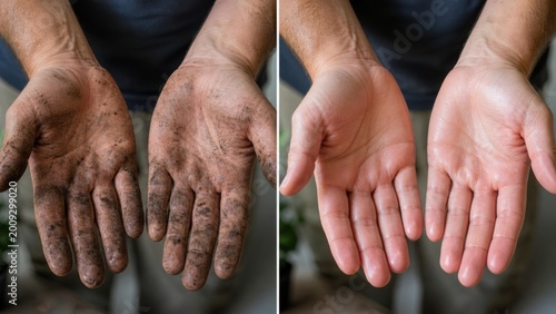 Dirty and Clean Hands Contrast After Gardening or Repair Work