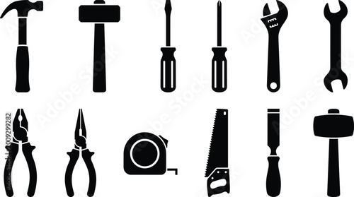 Professional Carpentry and Construction Hand Tool Set Featuring Black Vector Silhouettes of Hammer Screwdriver Wrench Pliers Hand Saw and Tape Measure