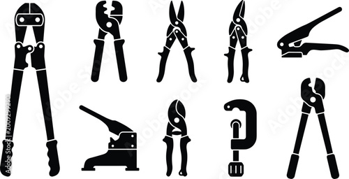 Foto Hand tools icons set, black silhouette vector collection with pliers, cutters, c