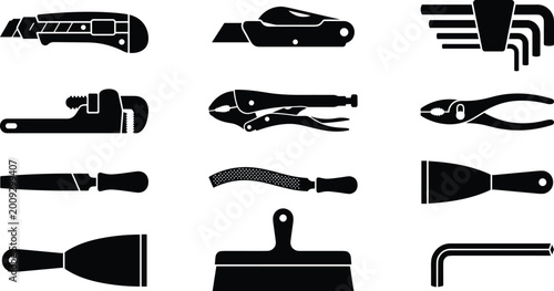 Foto Professional Hand Tool Collection Featuring Black Vector Silhouettes of Utility